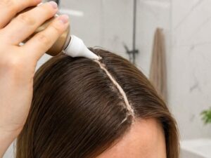 Kobieta nakłada peeling do skóry głowy palcami masując włosy